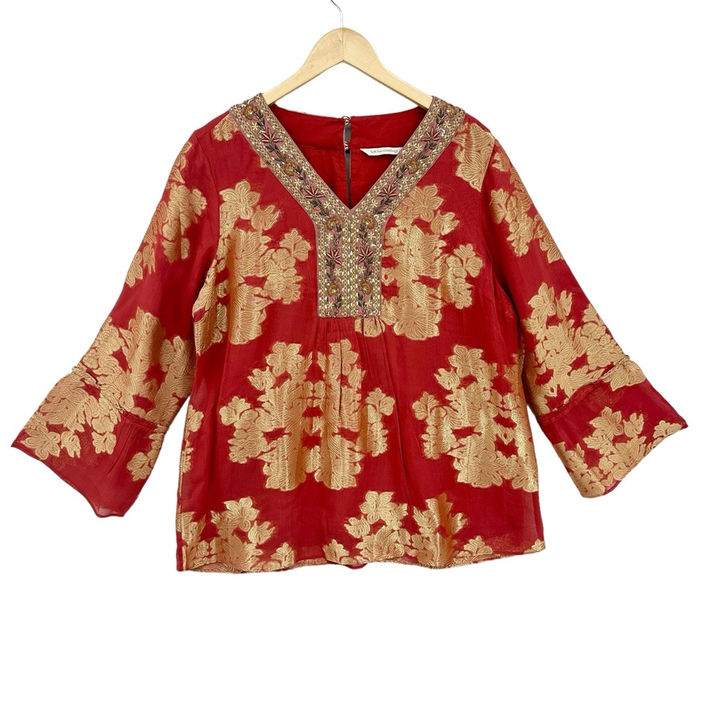 SOFT SURROUNDINGS Blouse Bellflower Lined Beaded Gold Metallic and Orange